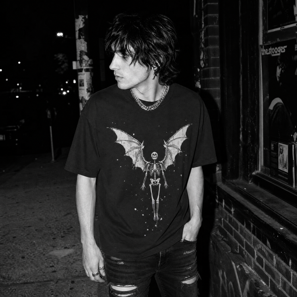 Bat Wing Skeleton T-Shirt – Vintage Gothic Ink Style