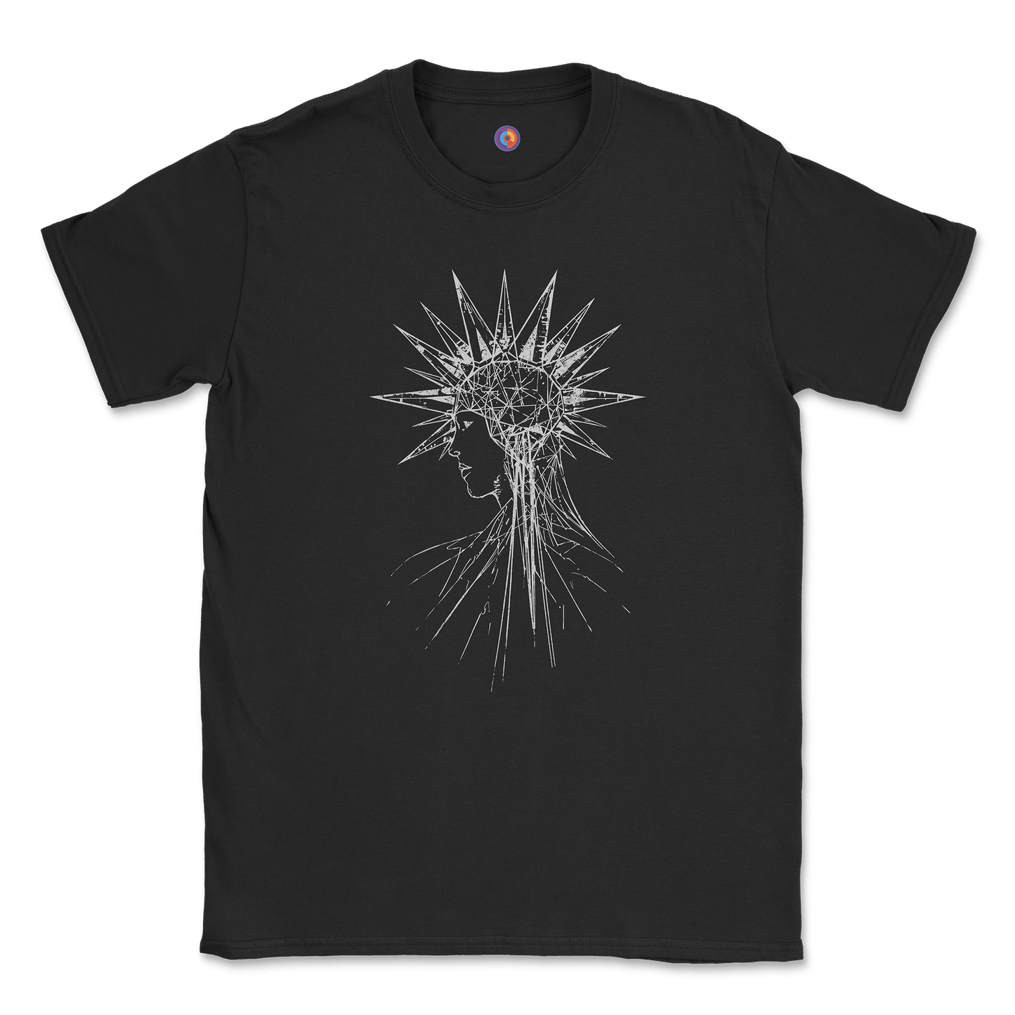 Geometric Halo T-Shirt – Minimalist Line Art Face Design