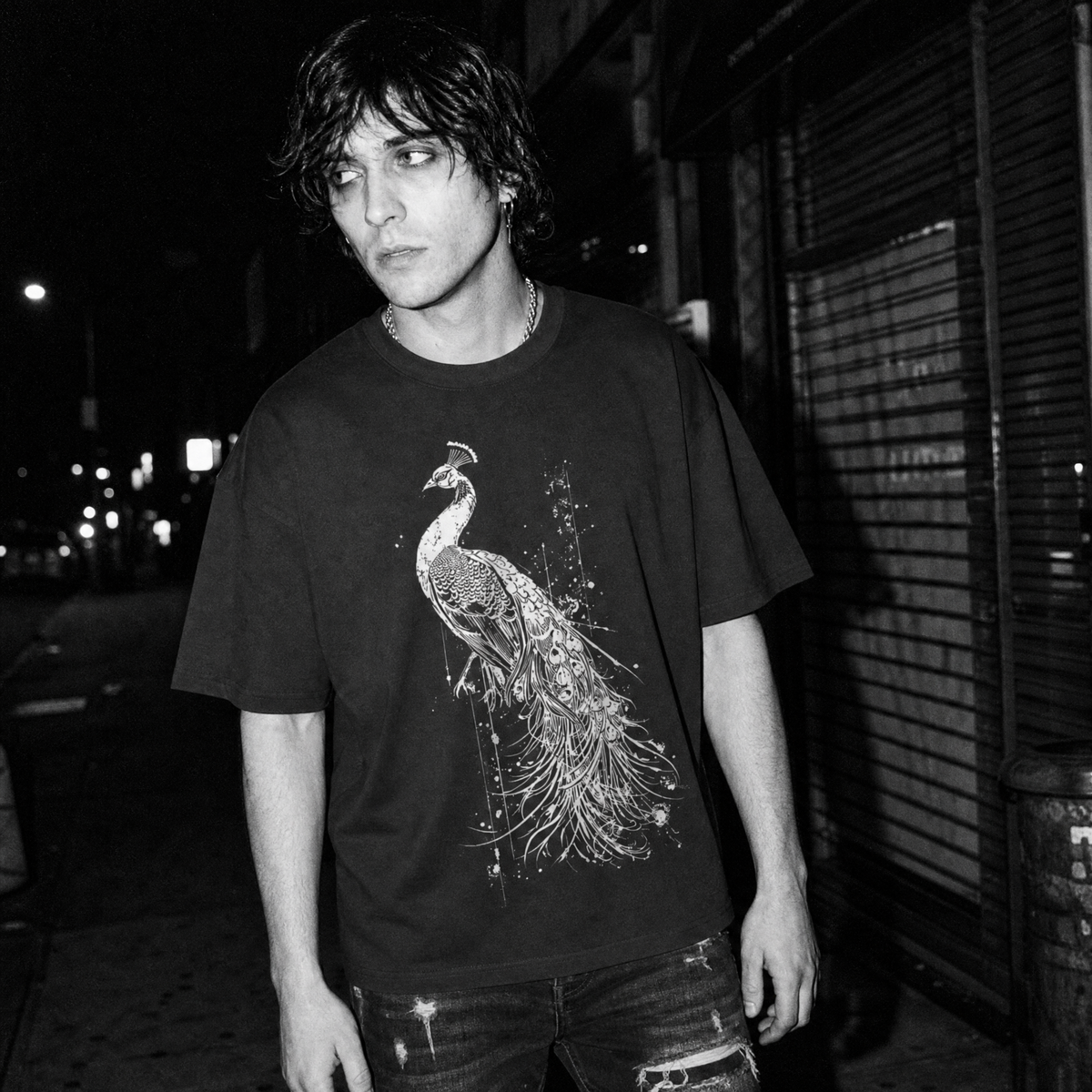 A man wearing a black graphic t-shirt with a white distressed peacock design, standing on a dark city street at night.