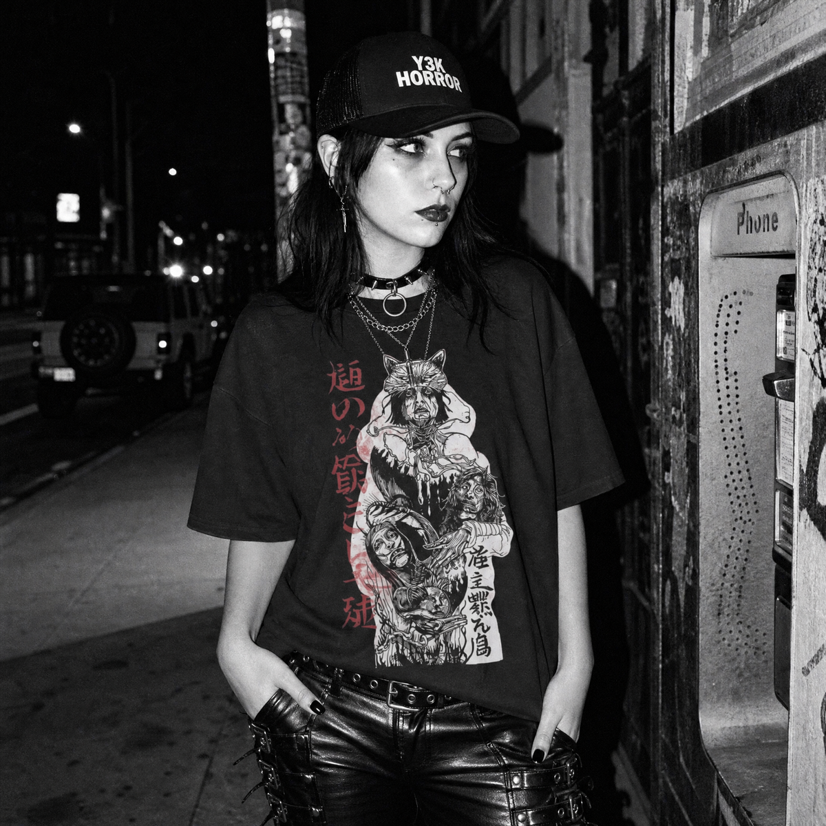 A woman standing at night beside a payphone wearing a black graphic T-shirt with a large illustration of an occult figure holding three heads, red Japanese text, a black cap reading 'Y#K HORROR', layered necklaces, and dark leather pants.