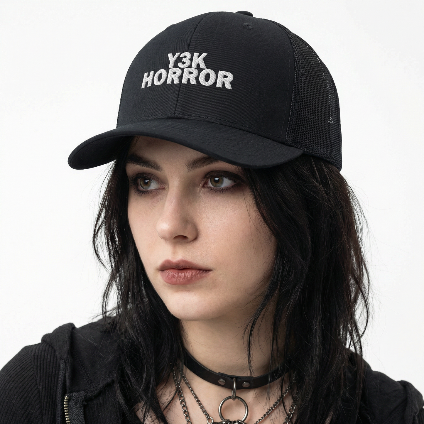 Y3K Horror Snapback Trucker Cap – Embroidered Text