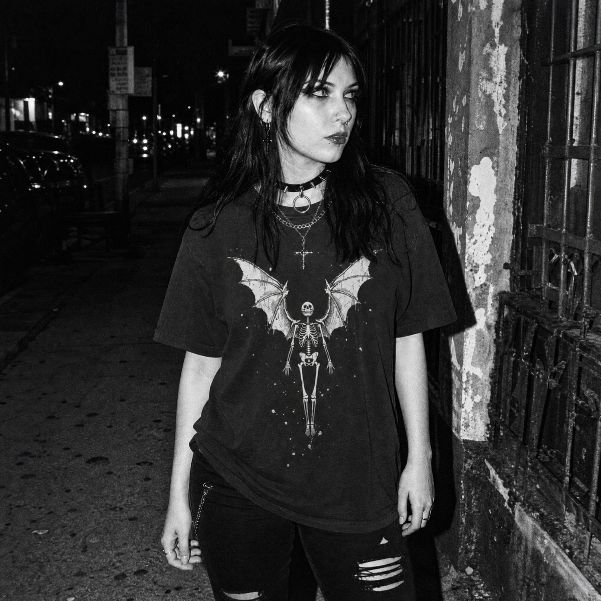 Bat Wing Skeleton T-Shirt – Vintage Gothic Ink Style