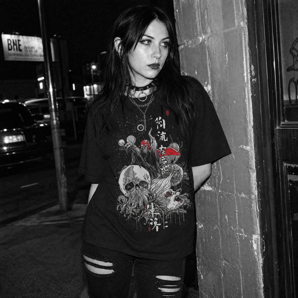 Kanji-Inspired Horror T-Shirt – Surreal Grunge Skull Art