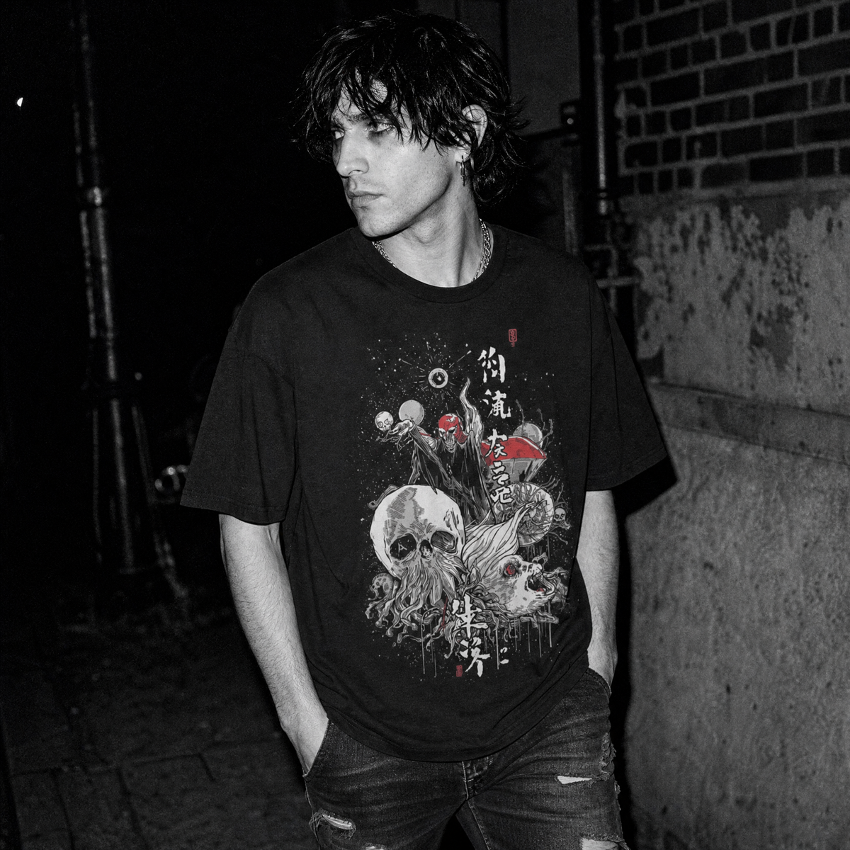 Kanji-Inspired Horror T-Shirt – Surreal Grunge Skull Art