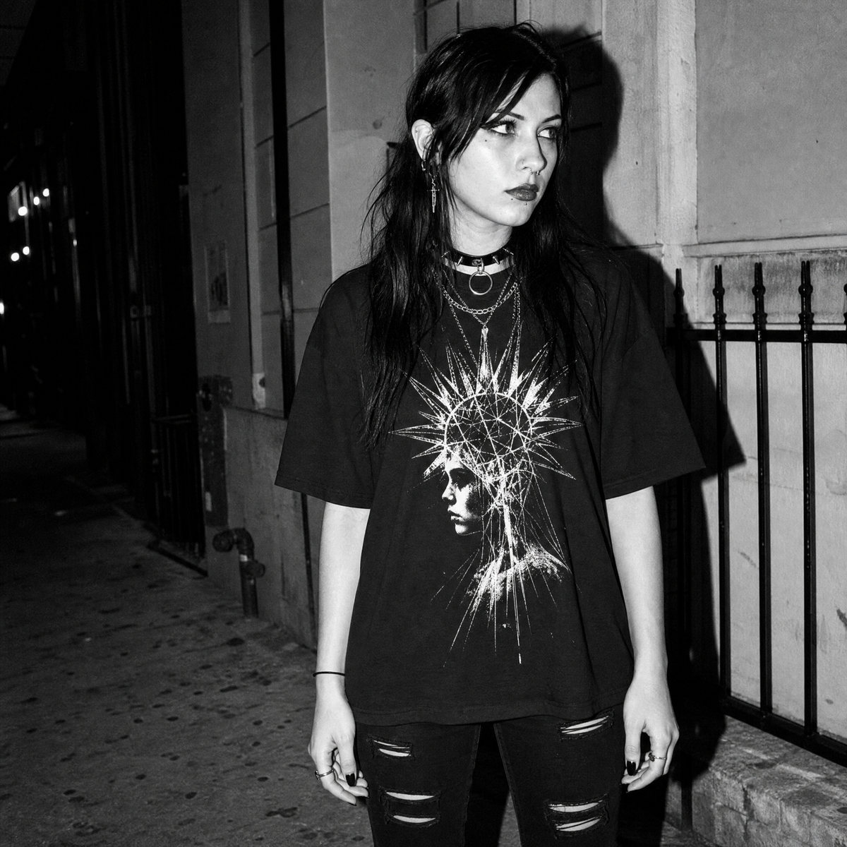 Geometric Halo T-Shirt – Distressed Grunge Portrait