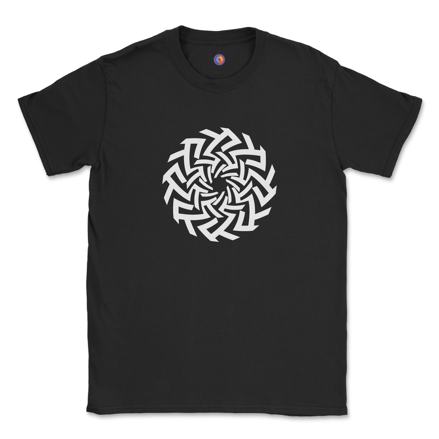 Geometric Spiral Emblem T-Shirt - Modern Optical Art Tee