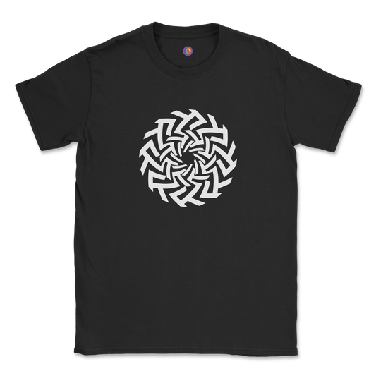 Geometric Spiral Emblem T-Shirt - Modern Optical Art Tee