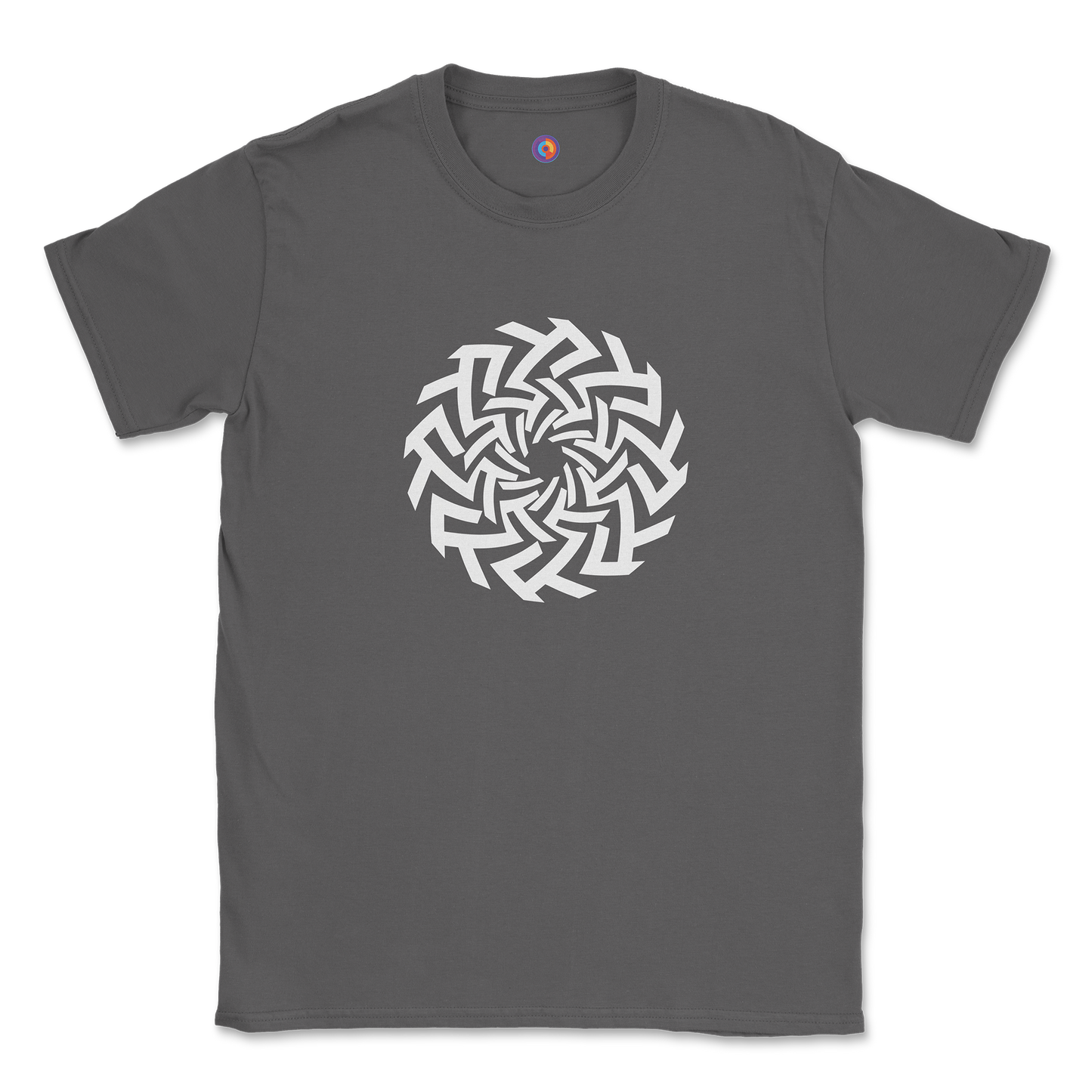 Geometric Spiral Emblem T-Shirt - Modern Optical Art Tee