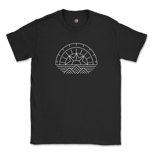 Geometric Sunrise T-Shirt – Minimal Line Art Mountain Sun
