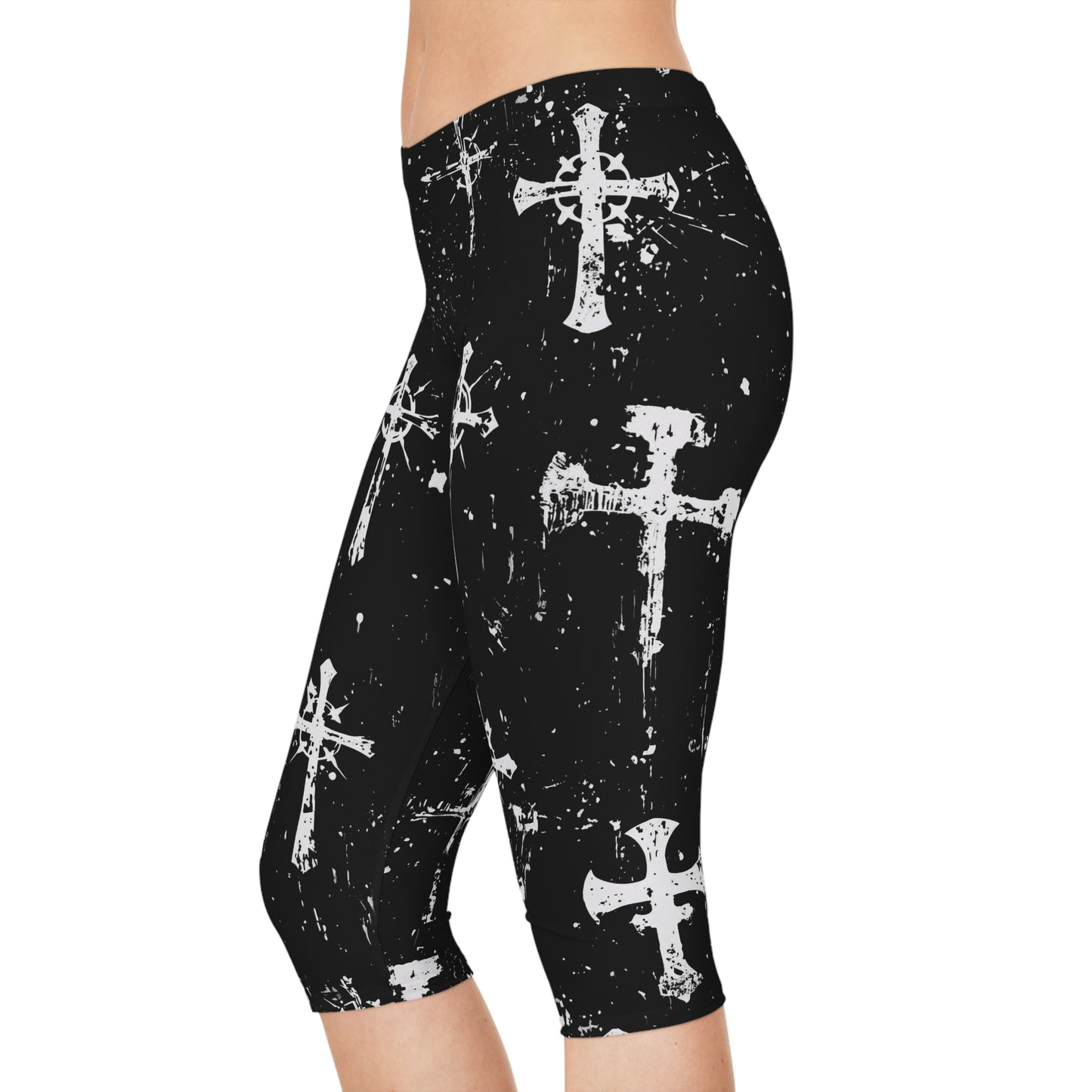Capri Leggings - Distressed Cross Symbols