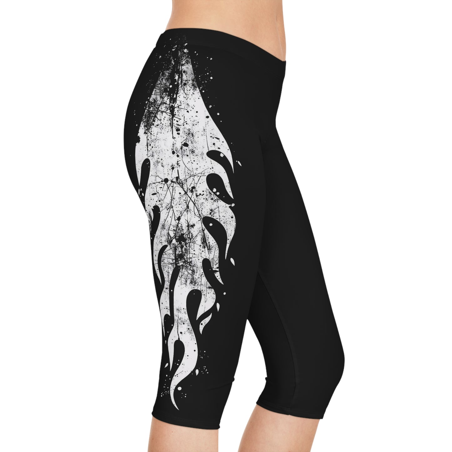 Capri Leggings - White Grunge Flames