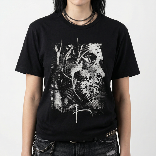 Abstract Portrait T-Shirt – Distressed Monochrome Face Graphic