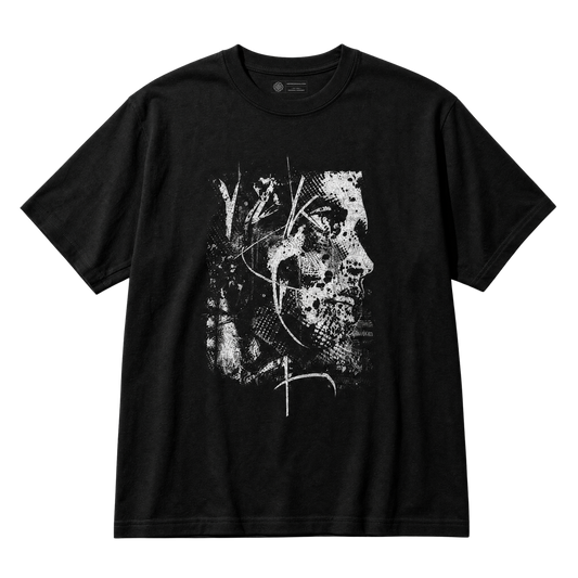 A black short-sleeve crewneck t-shirt featuring a large white distressed graphic print of a distressed, abstract face on the front and distressed text 'Y2K', displayed against a clean white background.