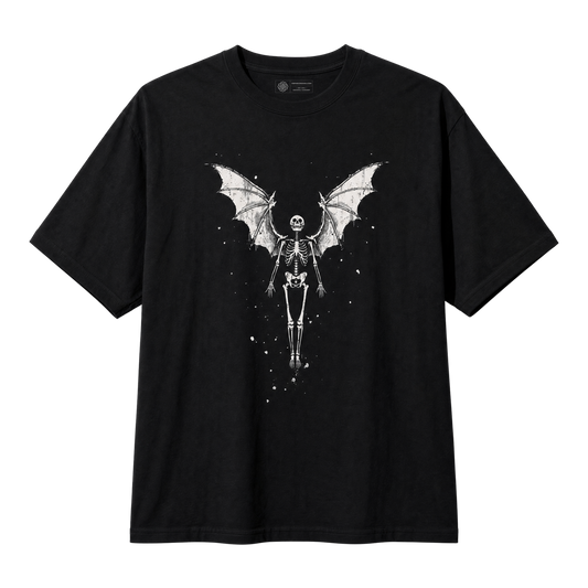 A black short-sleeve crewneck t-shirt featuring a white graphic print of a winged skeleton floating in a starry space background.