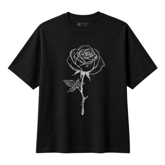 A black short-sleeve crewneck t-shirt featuring a white line art graphic of a black rose on the front, displayed against a solid white background.