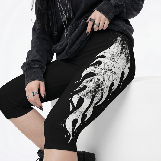Capri Leggings - White Grunge Flames