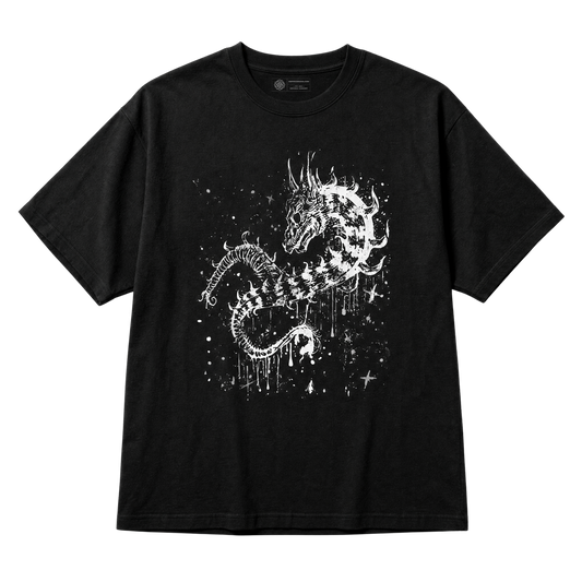 A black short-sleeve crewneck t-shirt featuring a white distressed graphic of a dragon amidst stars on the front, displayed against a solid white background.