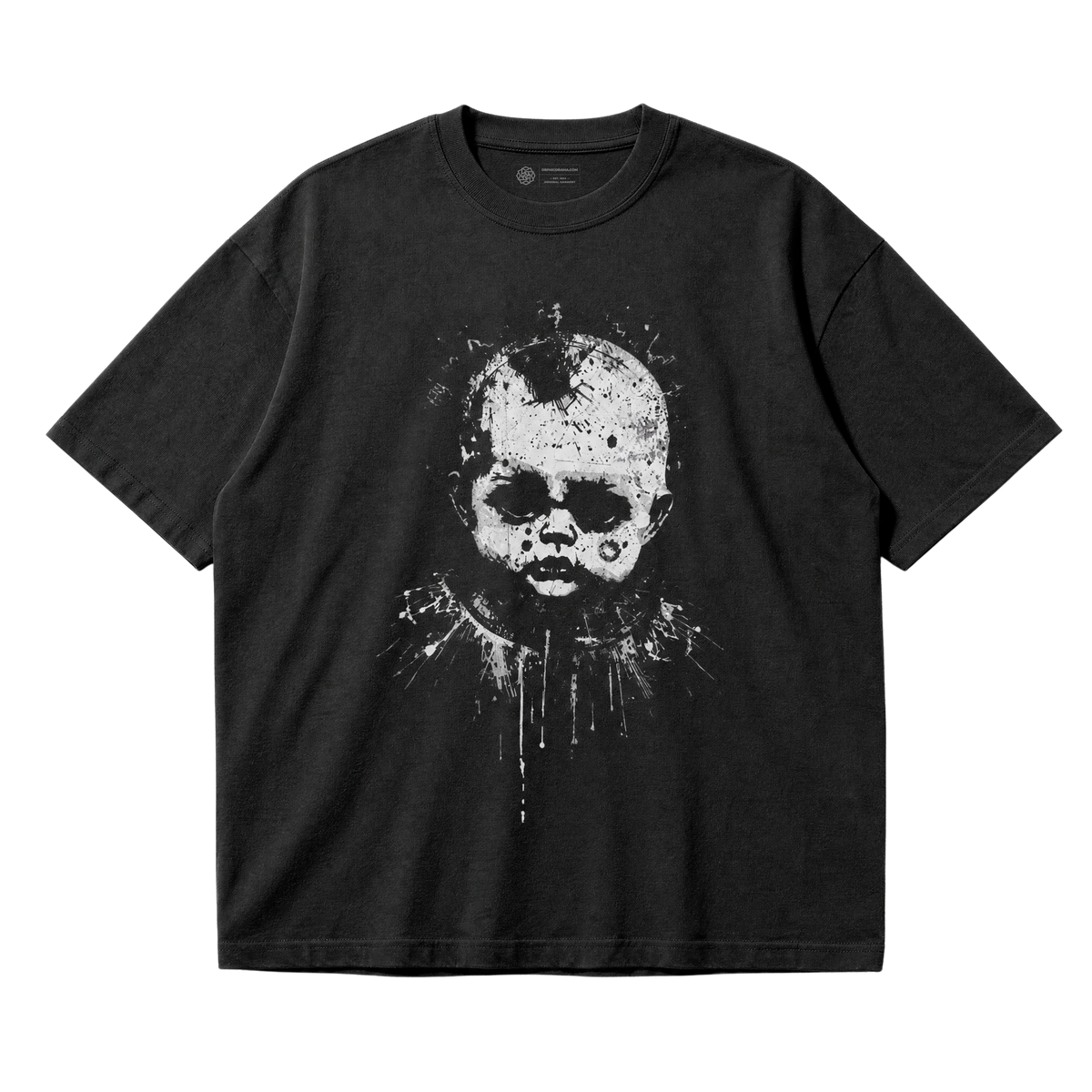 A black short-sleeve crewneck t-shirt featuring a distressed white graphic print of a creepy doll-like character on the front, displayed against a solid white background.