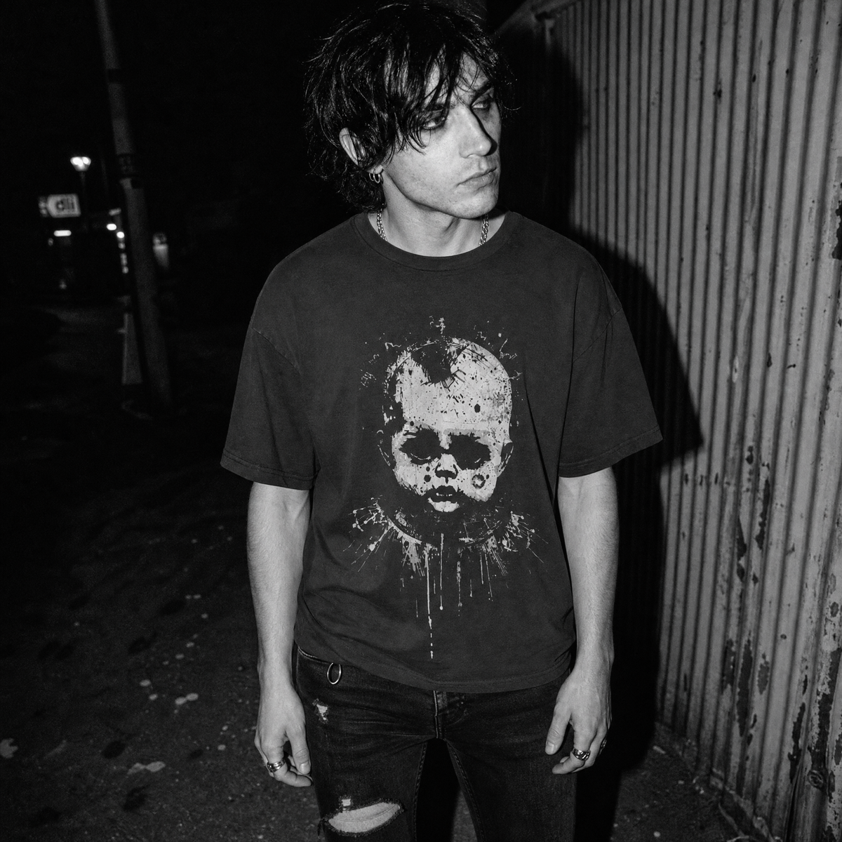 A man wearing a black graphic t-shirt with a distressed creepy doll print, standing outdoors at night against a corrugated metal wall.