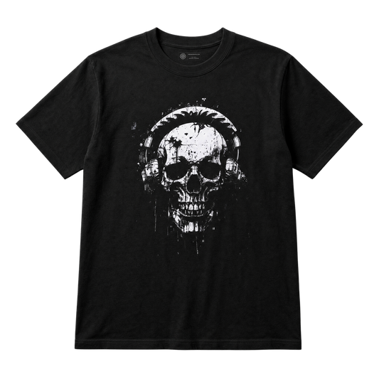 A black short-sleeve crewneck t-shirt featuring a distressed white graphic of a skull wearing headphones on the front, displayed against a solid white background.