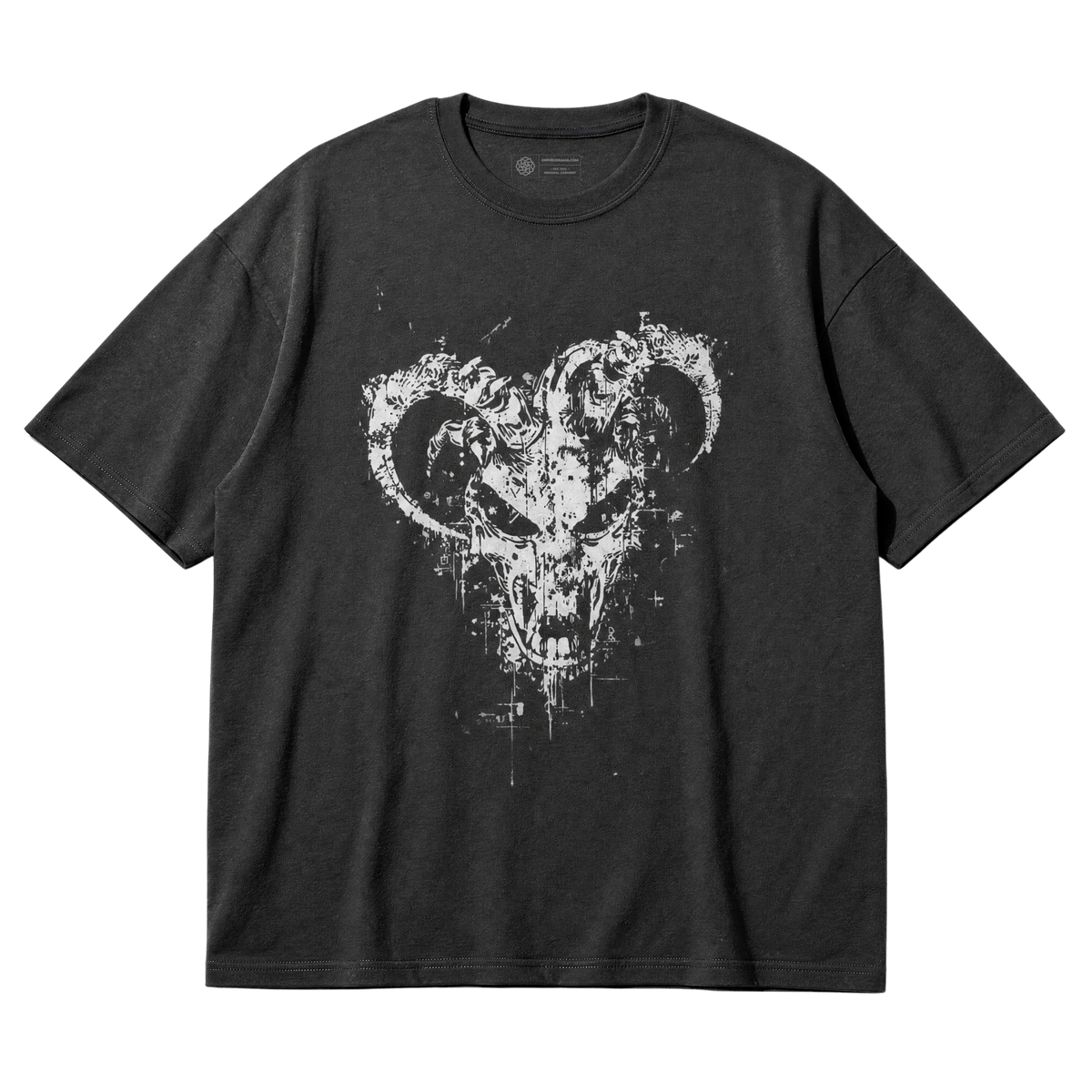 A black short-sleeve t-shirt with a distressed white graphic of a skull with large curved horns, displayed flat against a solid white background.