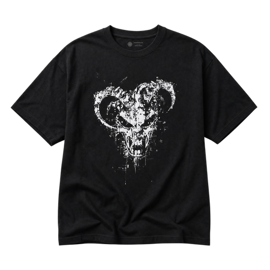 A black short-sleeve crewneck t-shirt featuring a distressed white graphic of a skull with curved horns on the front, displayed against a solid white background.