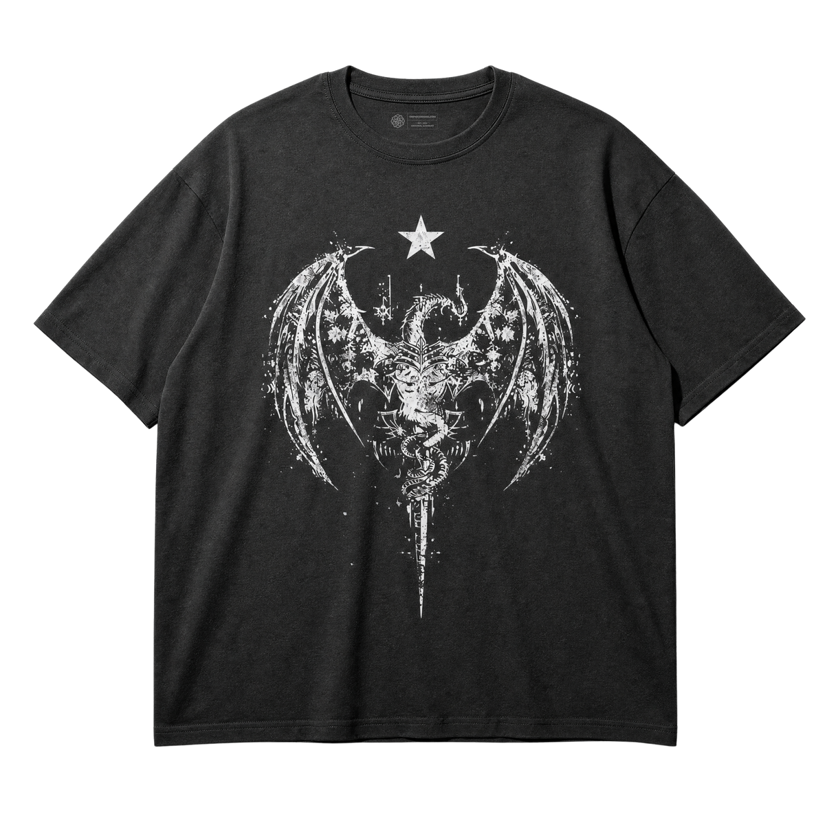 A black short-sleeve t-shirt with a distressed white graphic of a winged emblem, flanked by a star, on a solid white background.