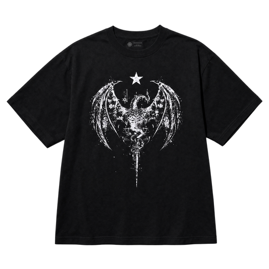 A black short-sleeve crewneck t-shirt featuring a distressed white graphic of a winged figure holding a sword, with a star above its head, displayed on a solid white background.