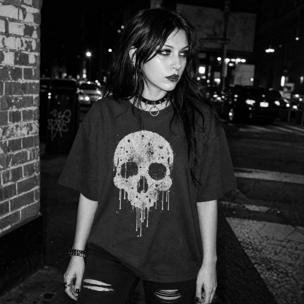A woman wearing a black graphic t-shirt with a large white dripping skull design, standing on a city street at night.