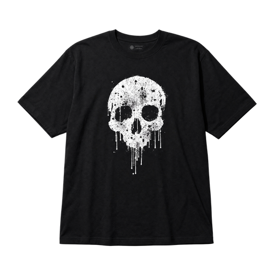 A black short-sleeve crewneck t-shirt featuring a white distressed skull graphic with a dripping paint effect on the front, displayed against a solid white background.