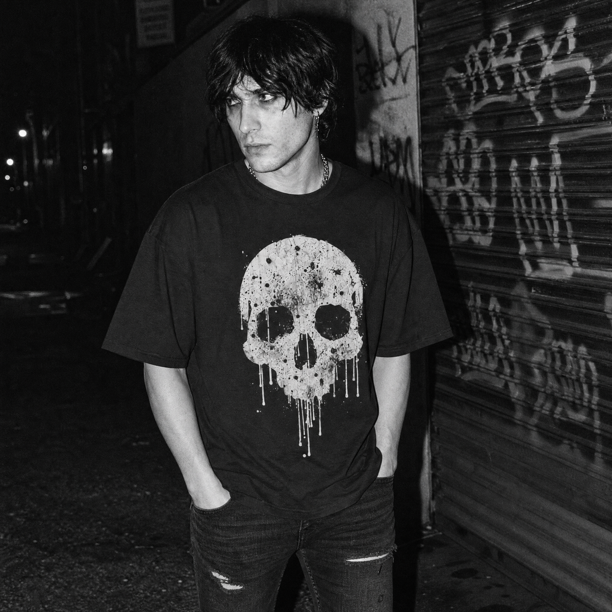 A man wearing a black t-shirt with a large white dripping skull graphic, standing in a dark street setting next to a graffiti-covered metal shutter.