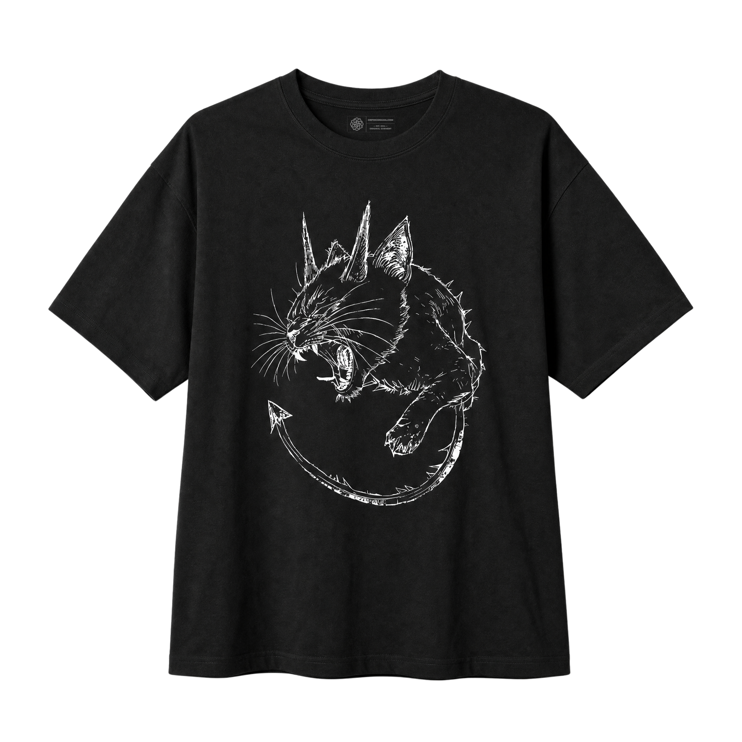 A black short-sleeve crewneck t-shirt featuring a white line art graphic of a snarling cat with sharp ears and a curved tail, displayed flat against a solid white background.