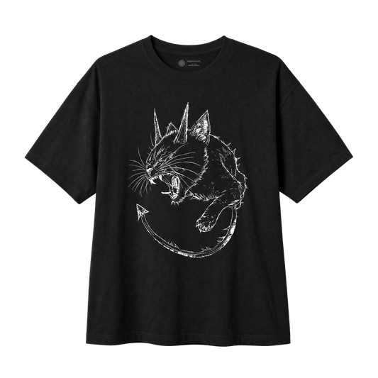 A black short-sleeve crewneck t-shirt featuring a white line art graphic of a snarling cat with sharp ears and a curved tail, displayed flat against a solid white background.