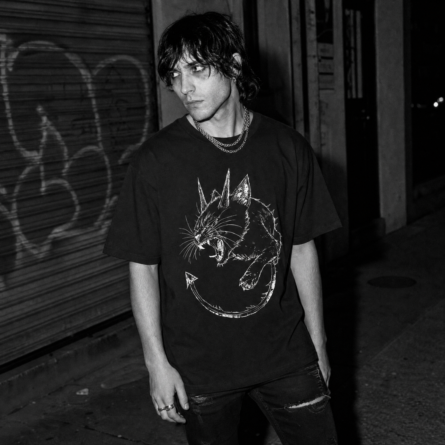 A man wearing a black graphic t-shirt with a white demonic cat illustration, standing in a dark street setting.