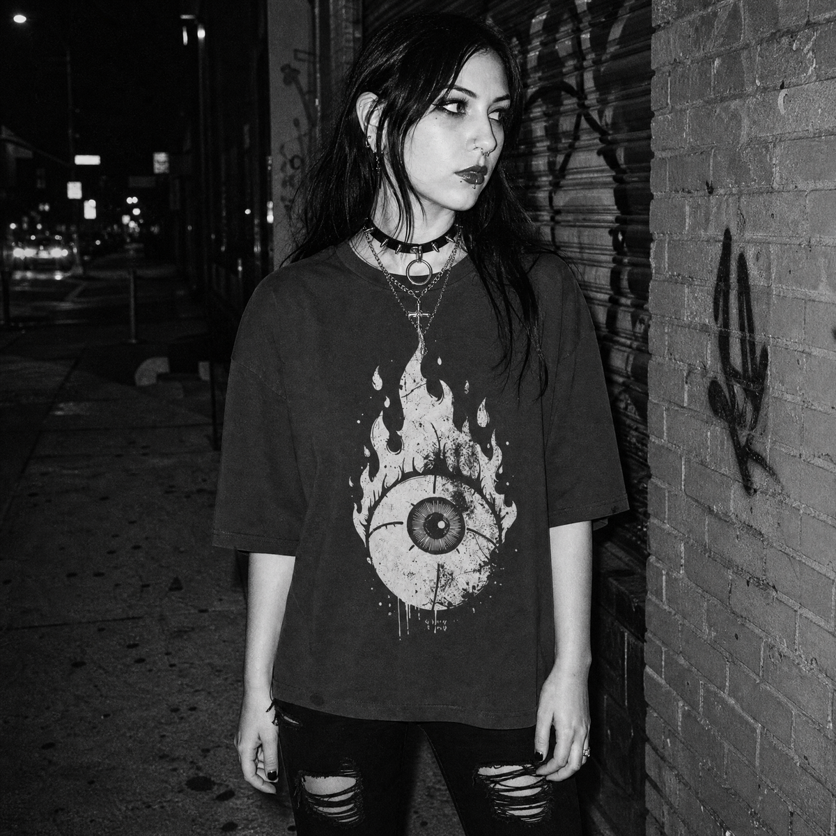 A woman stands on a city sidewalk at night wearing an oversized dark graphic T-shirt with a large eye-and-flame print, ripped black jeans, layered necklaces, and a choker. She is posed against a brick wall and metal shutter in a black-and-white street scene.