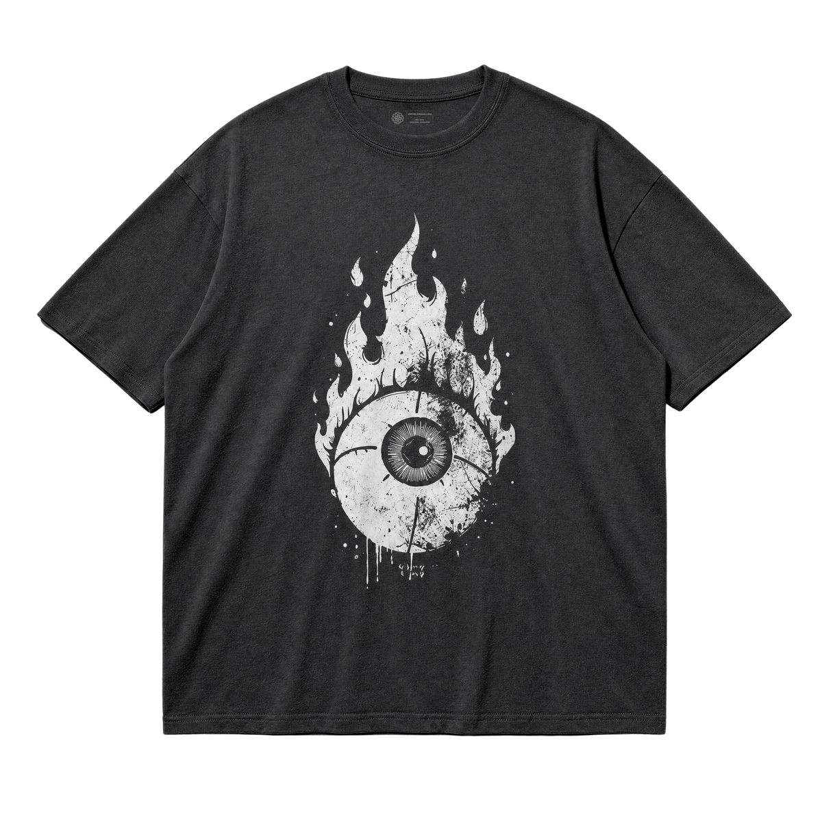 A black short-sleeve t-shirt with a distressed white graphic of an eyeball inside a flame, displayed flat against a solid white background.