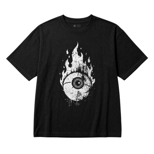 A black short-sleeve crewneck t-shirt featuring a distressed white graphic of a melting eyeball engulfed in flames, displayed flat against a solid white background.