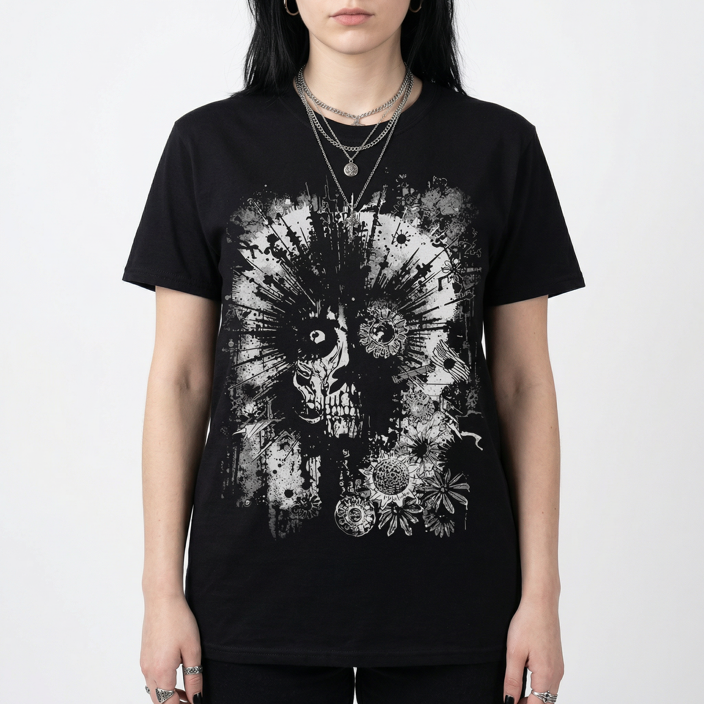 Floral Skullburst T-Shirt – Dark Surreal Grunge Design