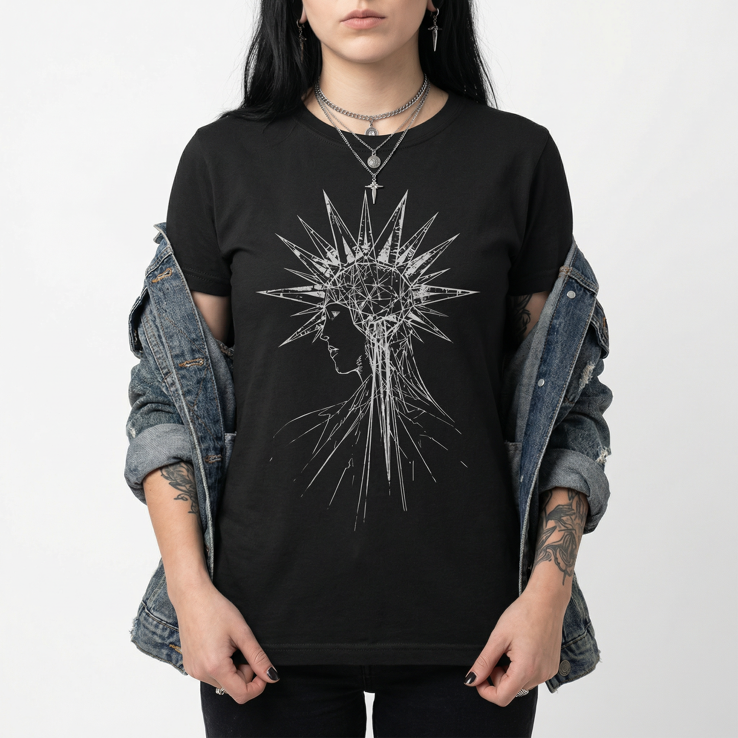 Geometric Halo T-Shirt – Minimalist Line Art Face Design