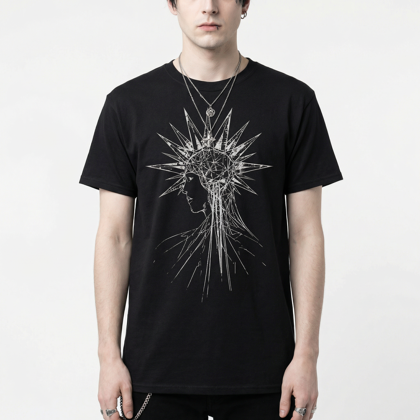 Geometric Halo T-Shirt – Minimalist Line Art Face Design