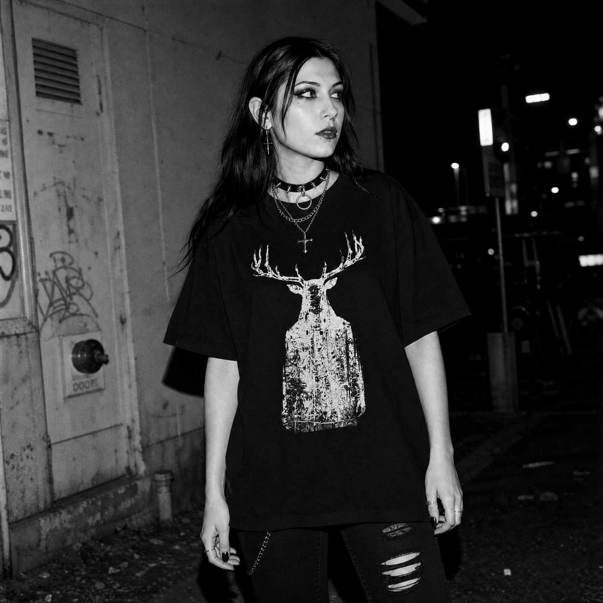 A woman wearing an oversized black graphic t-shirt with a distressed print of a ghostly figure with antlers, styled with layered necklaces and ripped black jeans, standing in a dark urban alleyway at night.