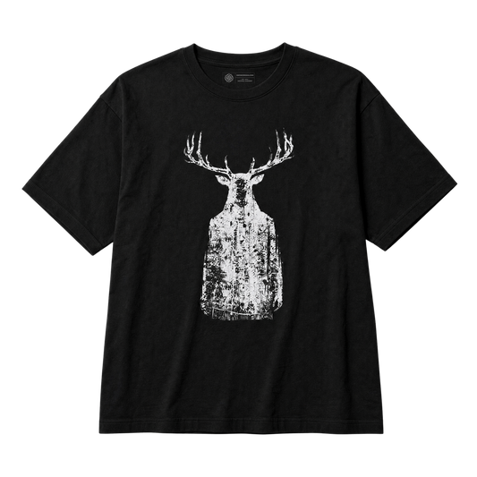 A black short-sleeve crewneck t-shirt featuring a distressed white graphic of a ghostly human with antlers on the chest, displayed flat against a solid white background.