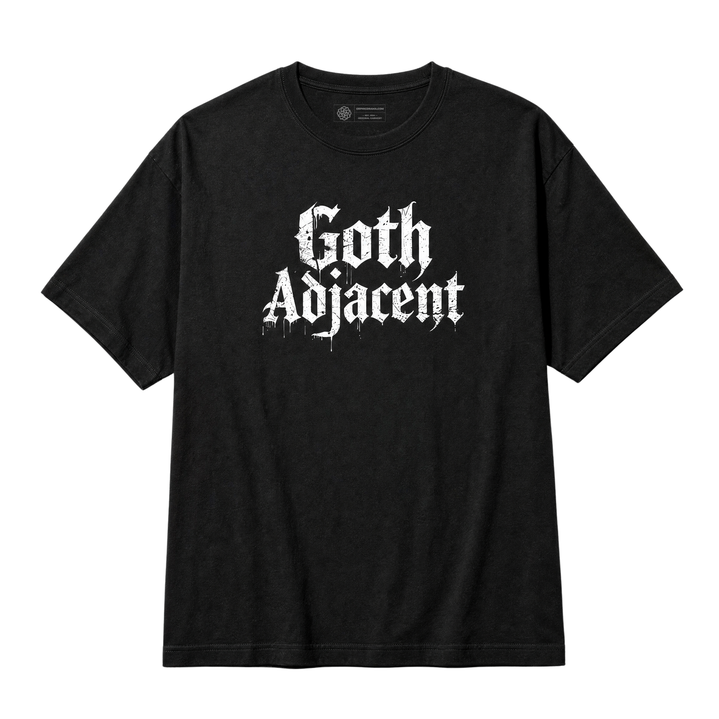 A black short-sleeve crewneck t-shirt featuring the phrase 'Goth Adjacent' printed in a distressed white Gothic font across the chest, displayed on a solid white background.