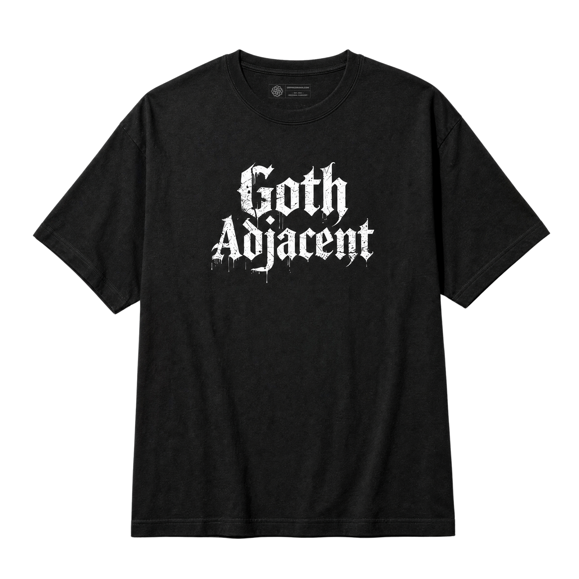 A black short-sleeve crewneck t-shirt featuring the phrase 'Goth Adjacent' printed in a distressed white Gothic font across the chest, displayed on a solid white background.