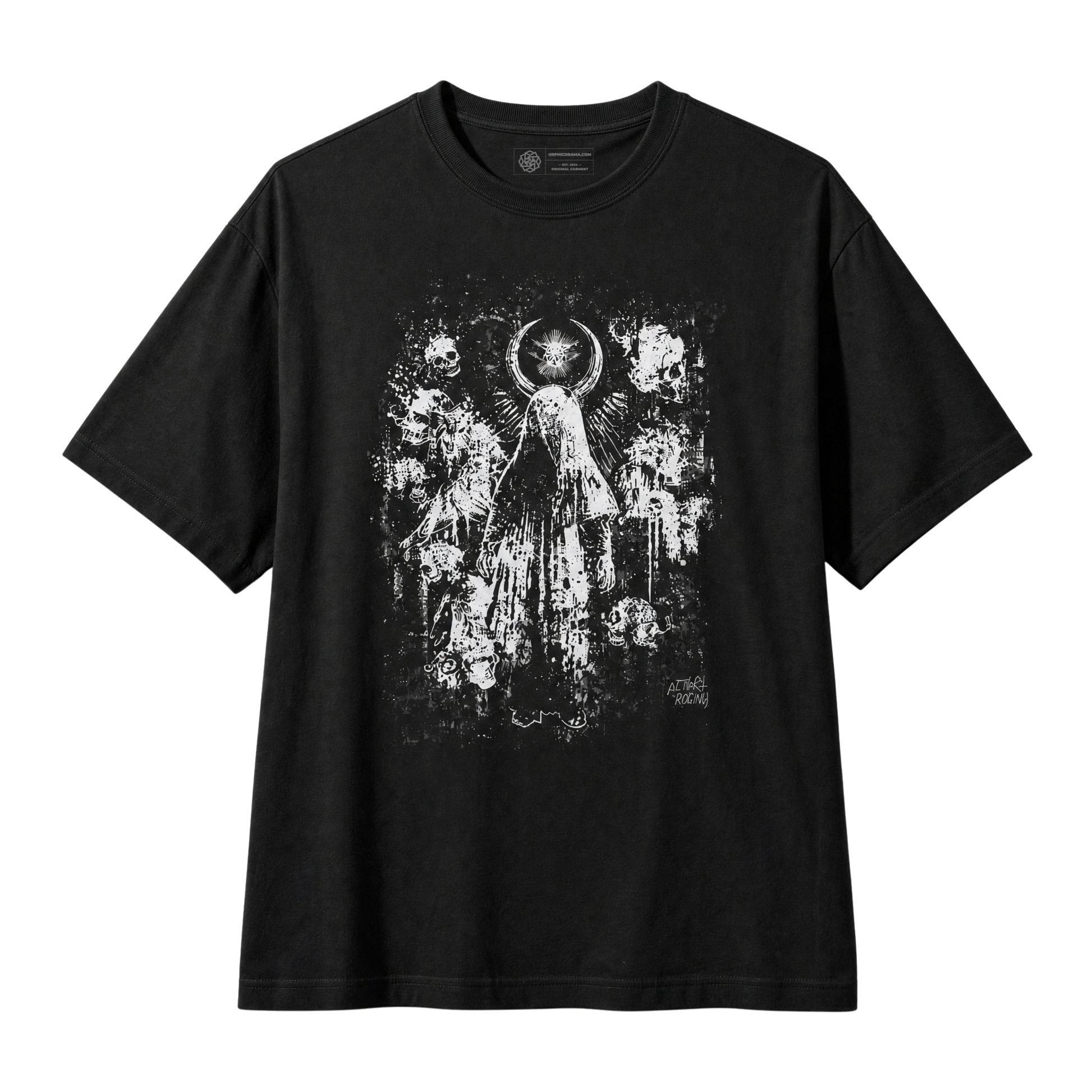 A black short-sleeve t-shirt with a large white distressed graphic print on the front, featuring a gothic figure and celestial motifs, displayed against a solid white background.