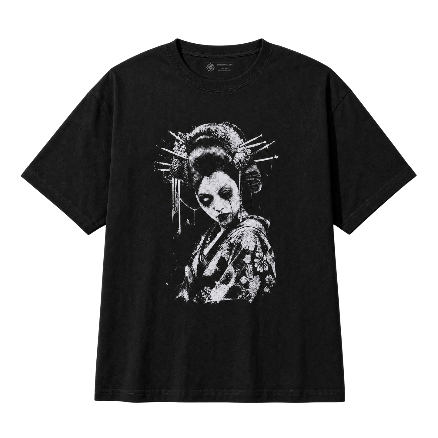 A black short-sleeve crewneck t-shirt featuring a high-contrast white graphic print of a geisha with traditional hairpins, makeup and dead eyes, displayed against a solid white background.