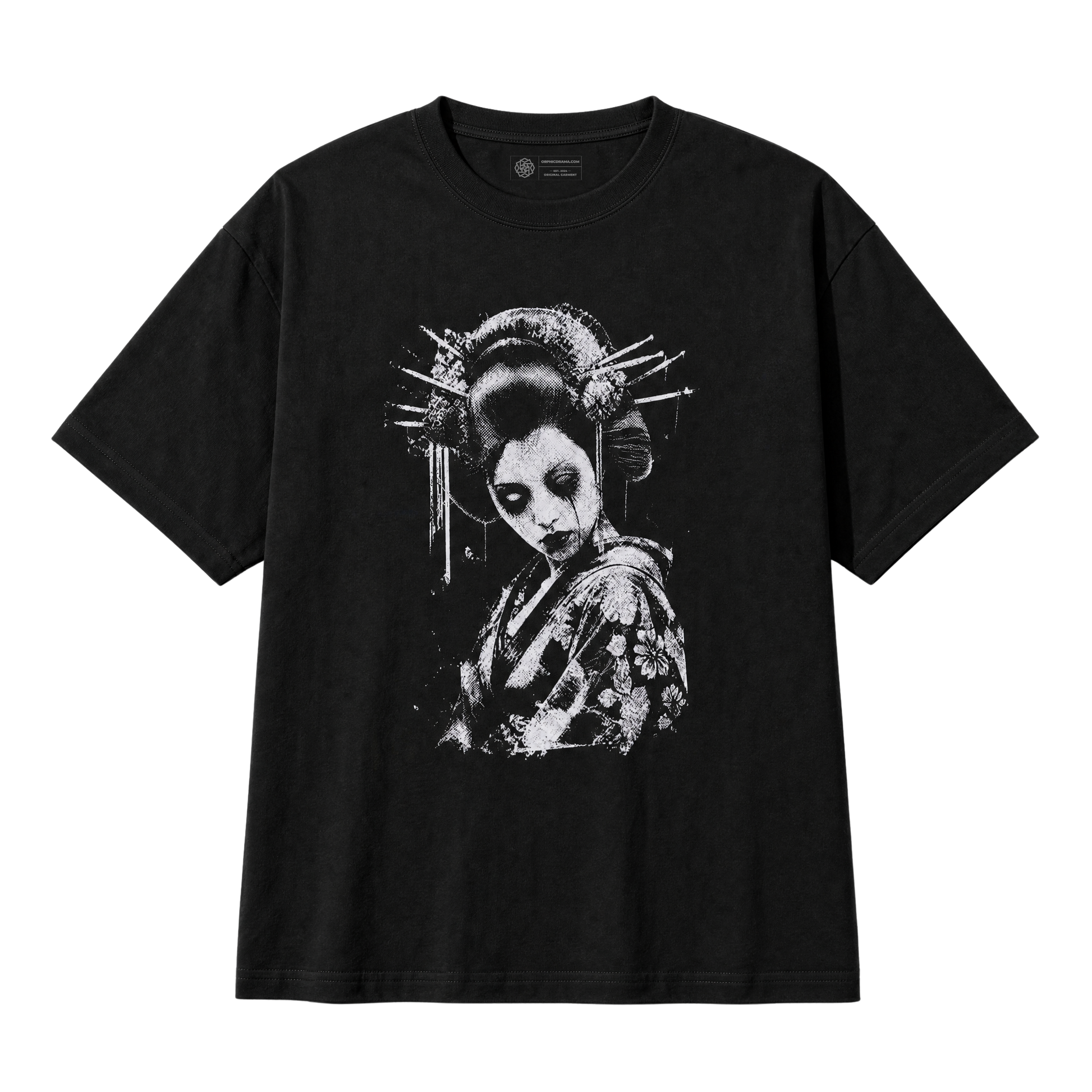 A black short-sleeve crewneck t-shirt featuring a high-contrast white graphic print of a geisha with traditional hairpins, makeup and dead eyes, displayed against a solid white background.