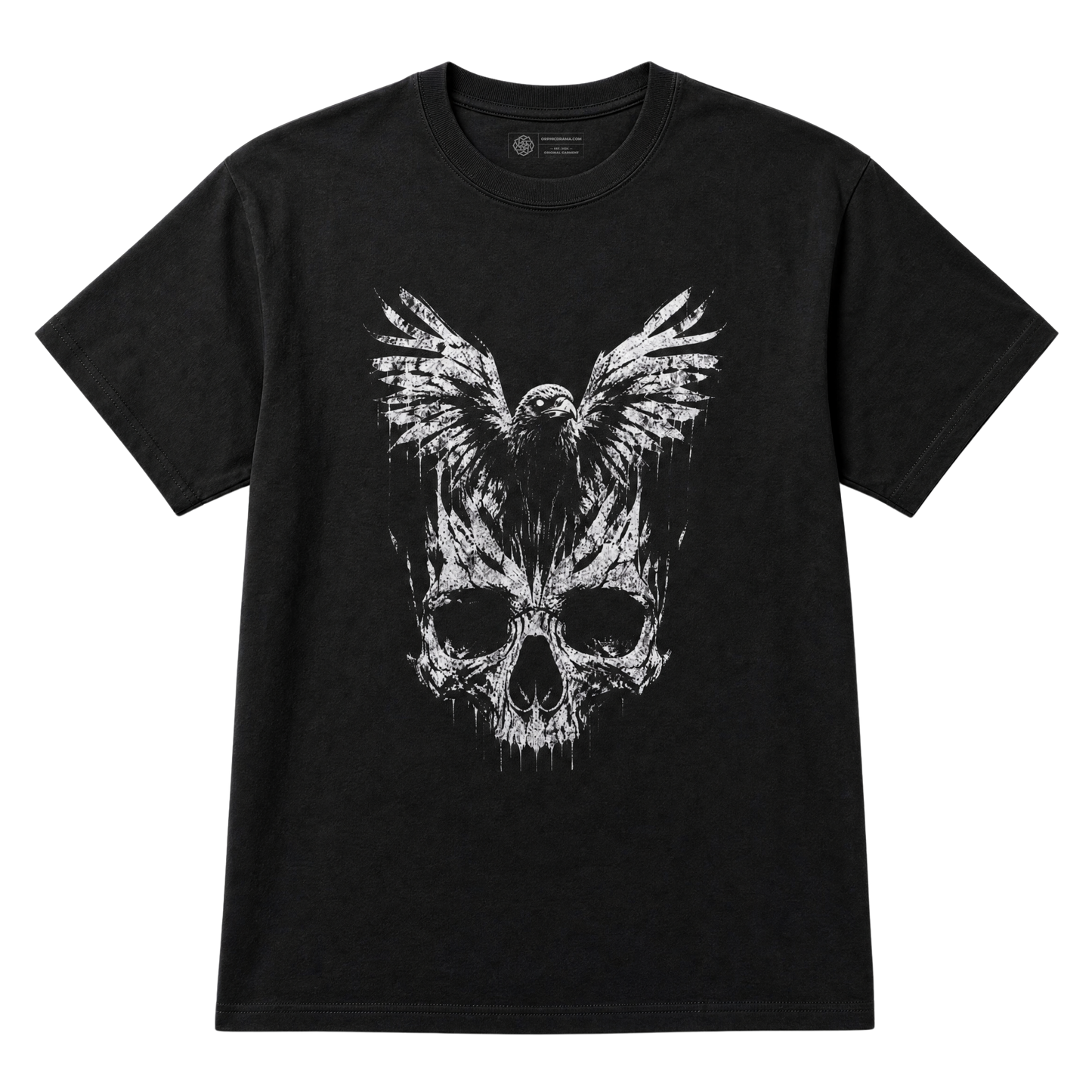 A black short-sleeve crewneck t-shirt featuring a distressed white graphic of a raven and skull combined, displayed against a solid white background.