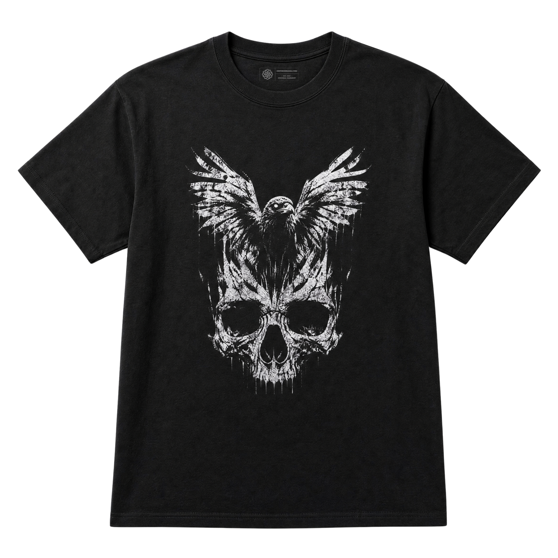 A black short-sleeve crewneck t-shirt featuring a distressed white graphic of a raven and skull combined, displayed against a solid white background.