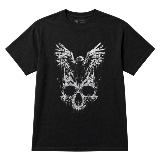 A black short-sleeve crewneck t-shirt featuring a distressed white graphic of a raven and skull combined, displayed against a solid white background.